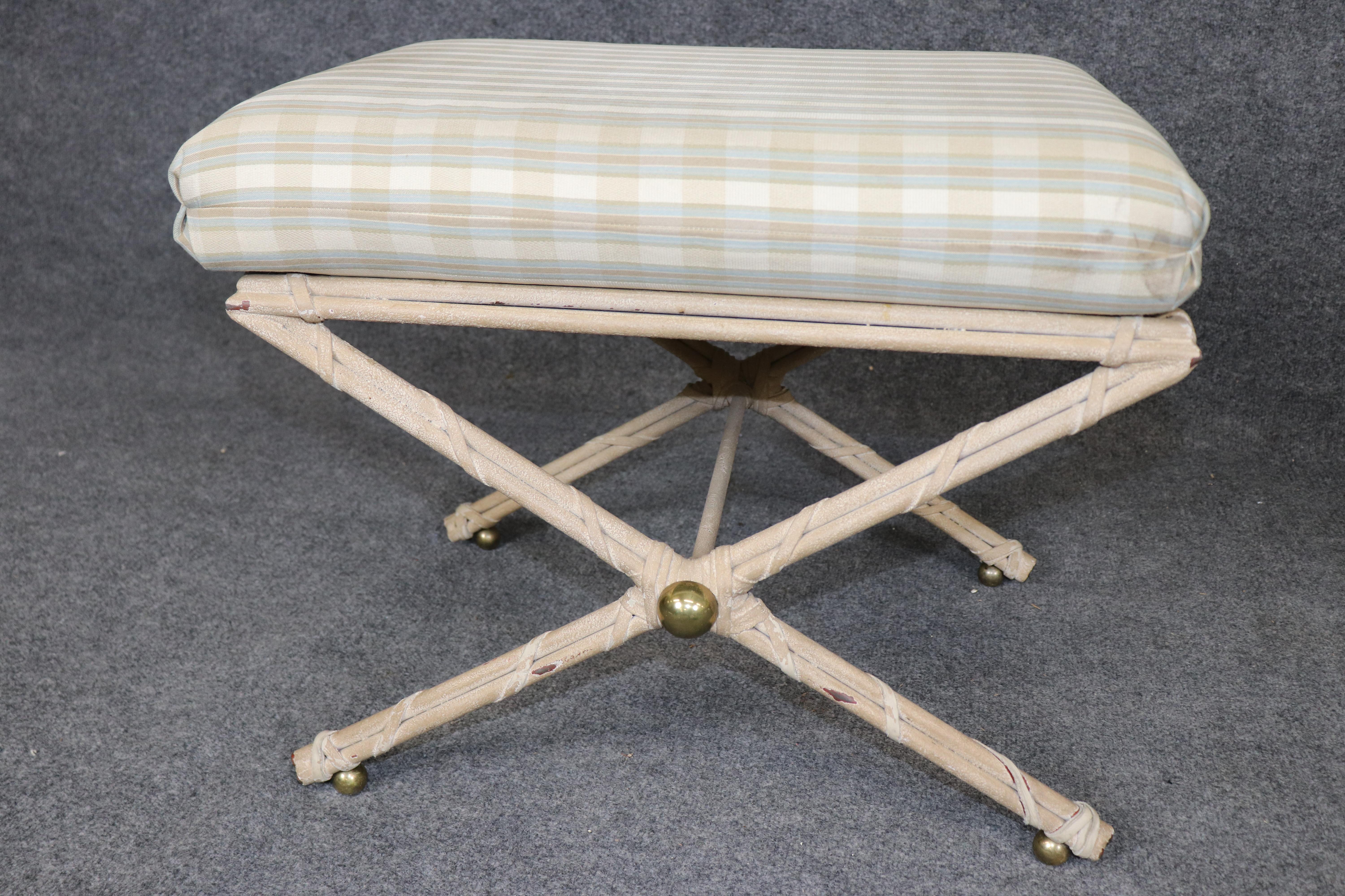 Brass Pair of White Paint Decorated Faux Bamboo French Directoire Style X Benches For Sale