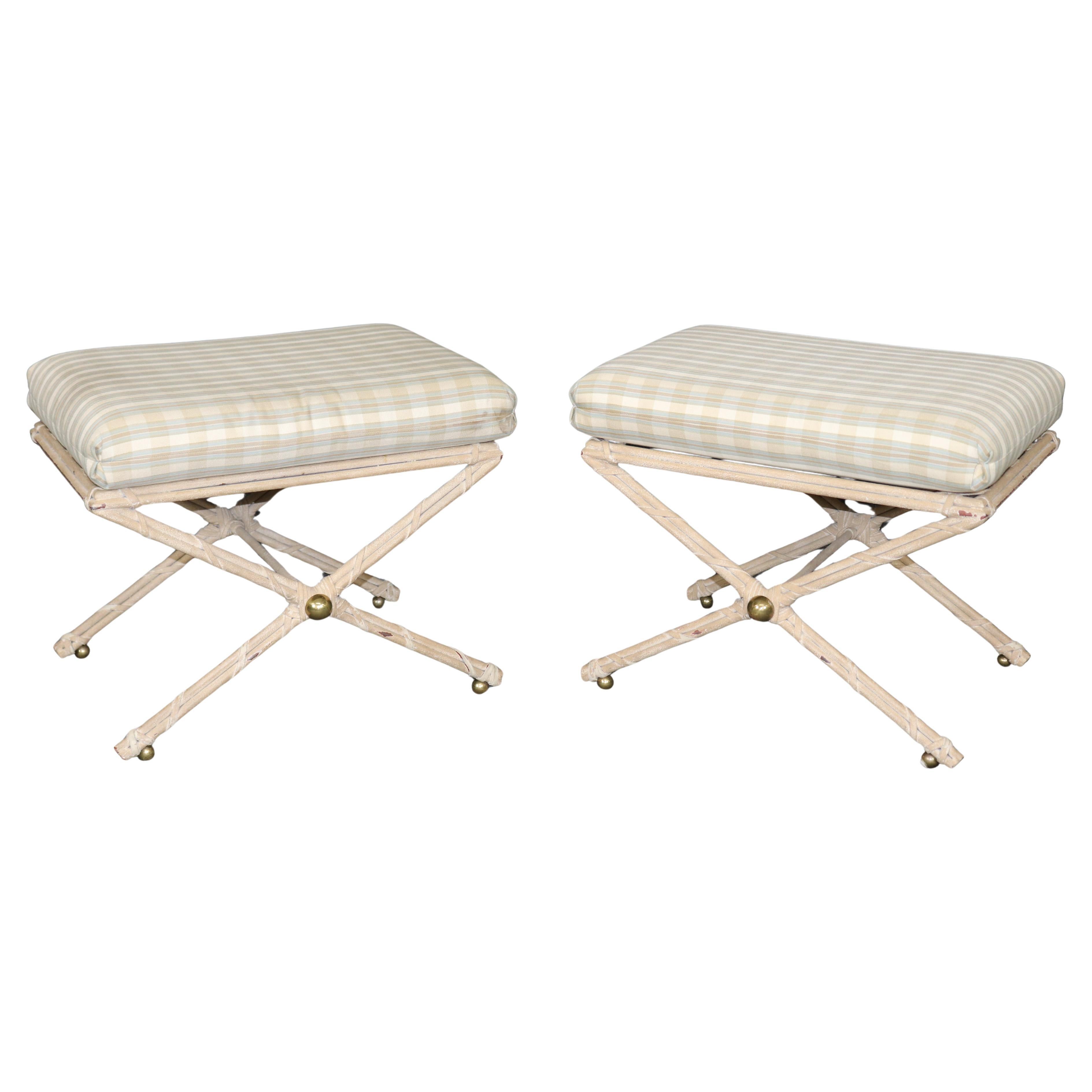 Pair of White Paint Decorated Faux Bamboo French Directoire Style X Benches For Sale