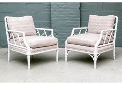 Pair Of White Paint Decorated Mid Century Chippendale Style Lounge Chairs