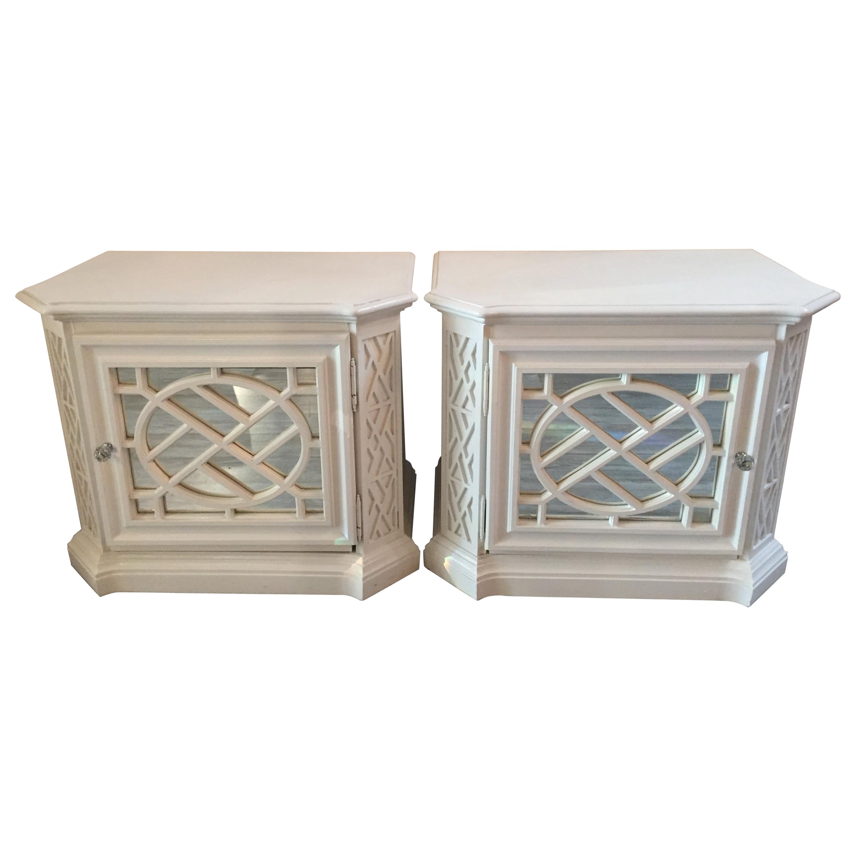 Pair of White Painted and Mirrored Glamorous Hollywood Regency Nightstands