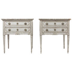 Pair of White Painted Antique French Louis XVI Style Commodes Faux Marble Tops