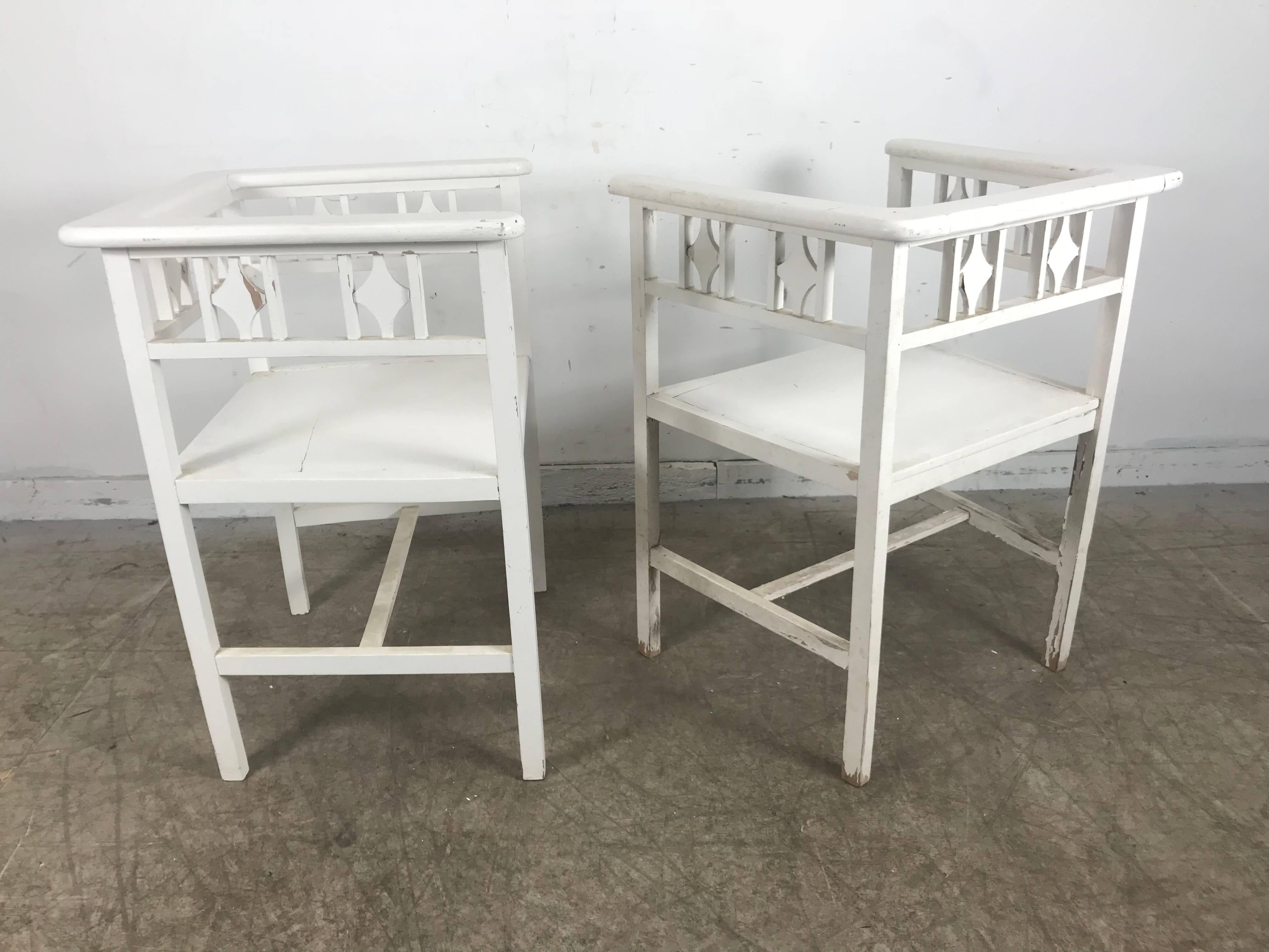 Pair of White Painted Austrian Cube Chairs in the Manner of Josef Hoffmann In Distressed Condition For Sale In Buffalo, NY