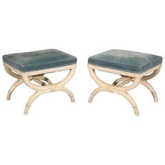 Pair of White Painted Curule Style French Louis XVI Style Foot Stools Ottomans