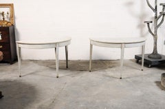Pair of White Painted Demi-lunes with Brass Feet, from France