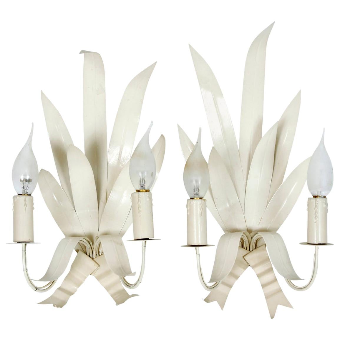 Pair of White Painted French Frond Sconces