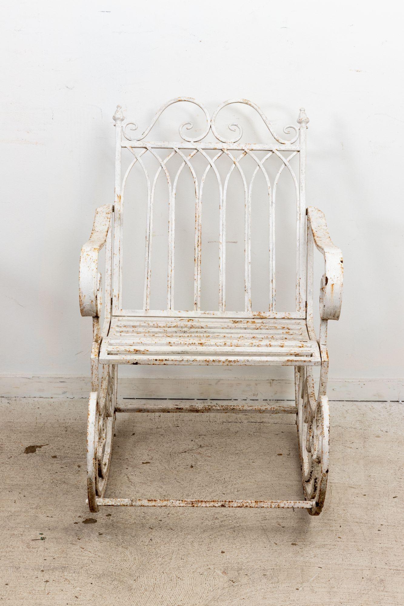 Metal Pair of White Painted Garden Rocking Chairs For Sale