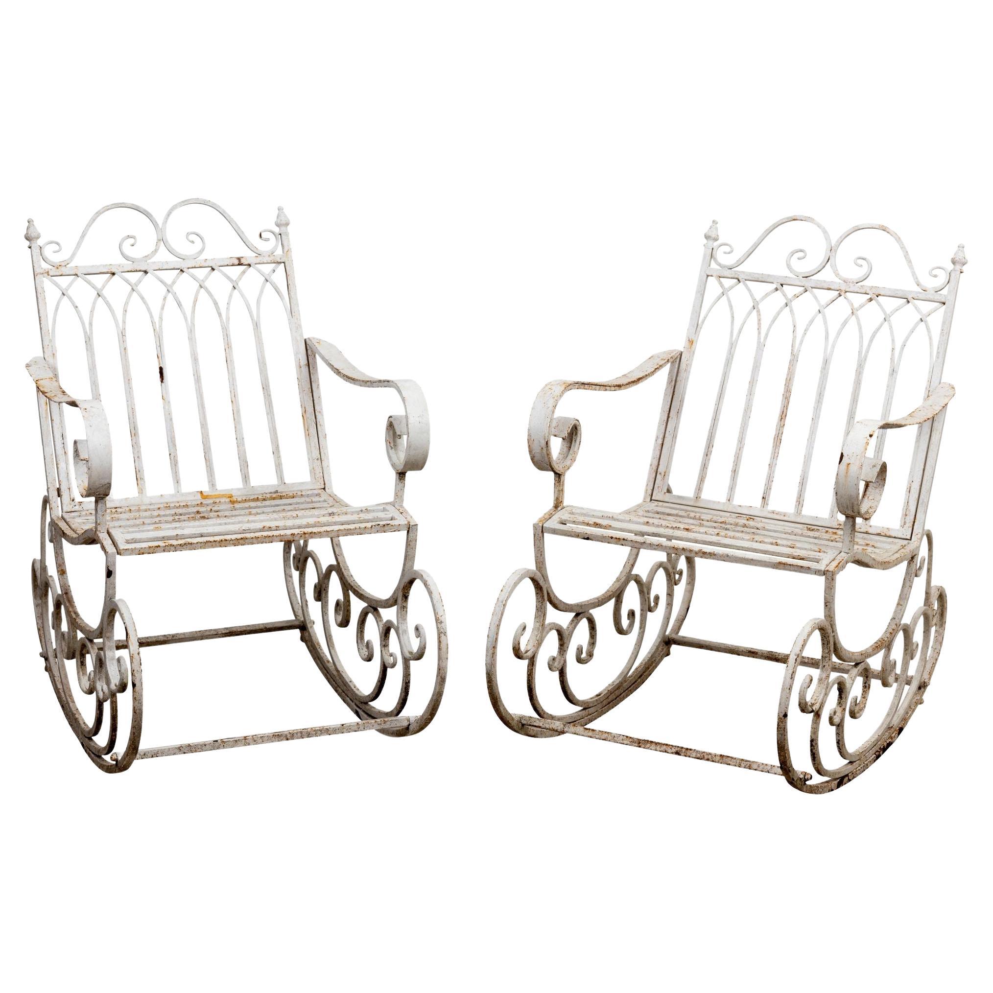 Pair of White Painted Garden Rocking Chairs For Sale