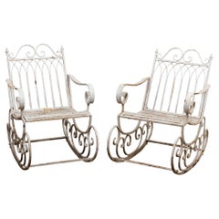 Retro Pair of White Painted Garden Rocking Chairs