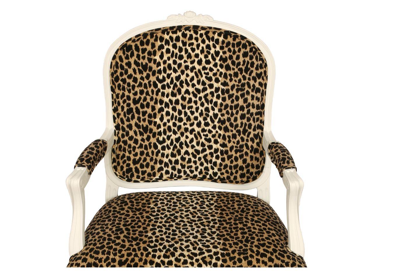 Pair of White Painted Louis XV Style Chairs in Leopard In Good Condition In Locust Valley, NY