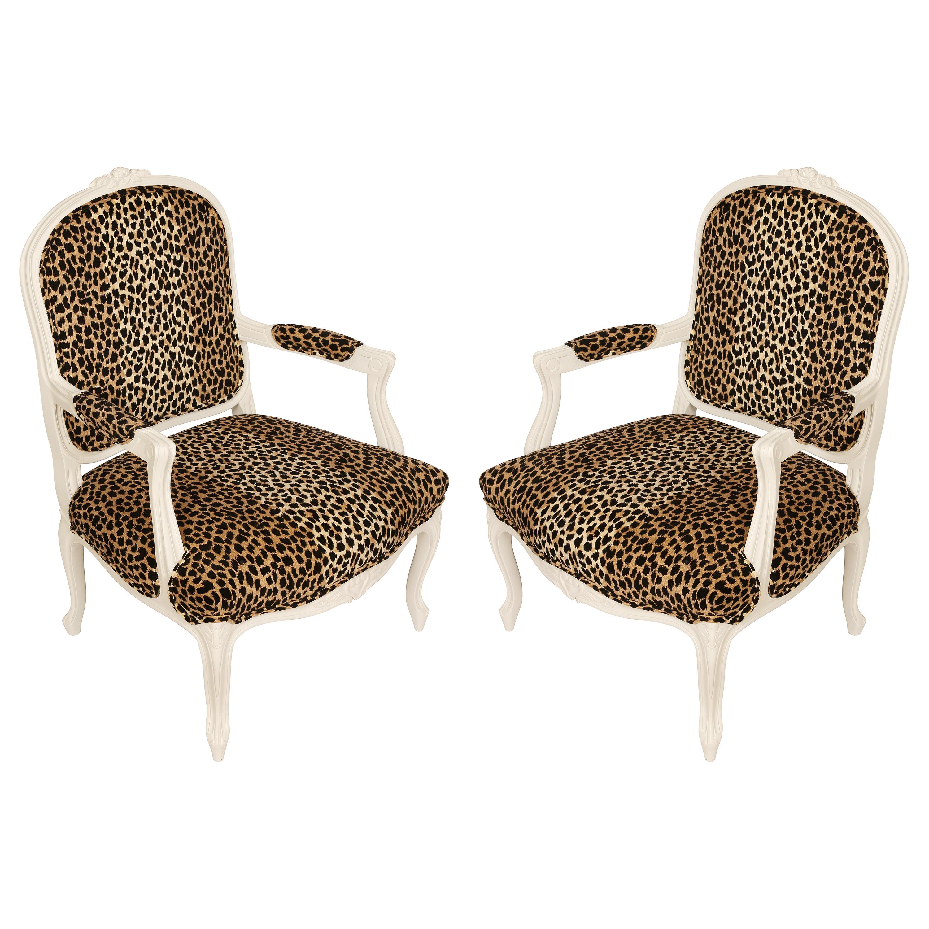 Pair of White Painted Louis XV Style Chairs in Leopard