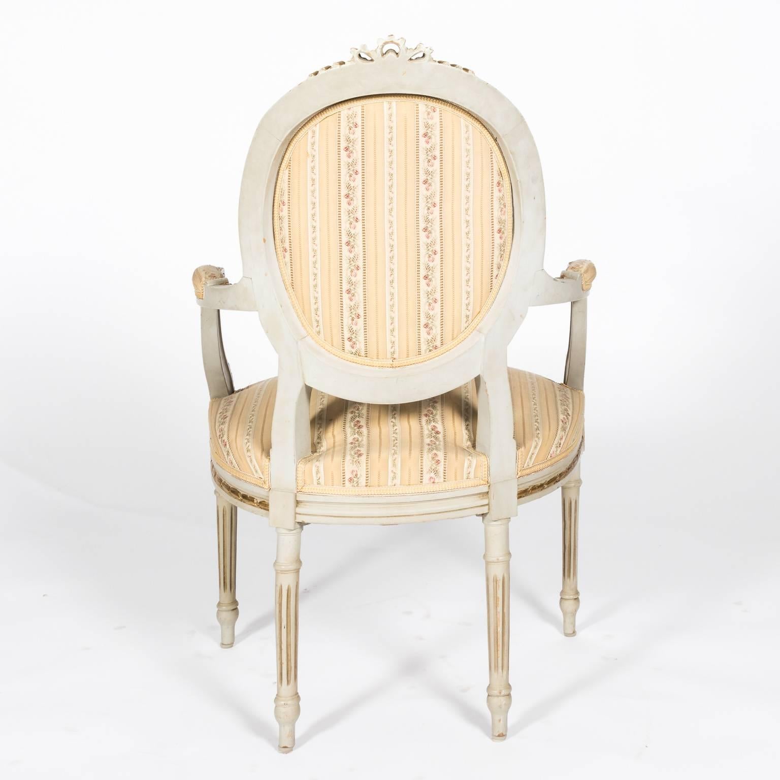 Gilt Pair of White Painted Louis XVI Style Armchairs