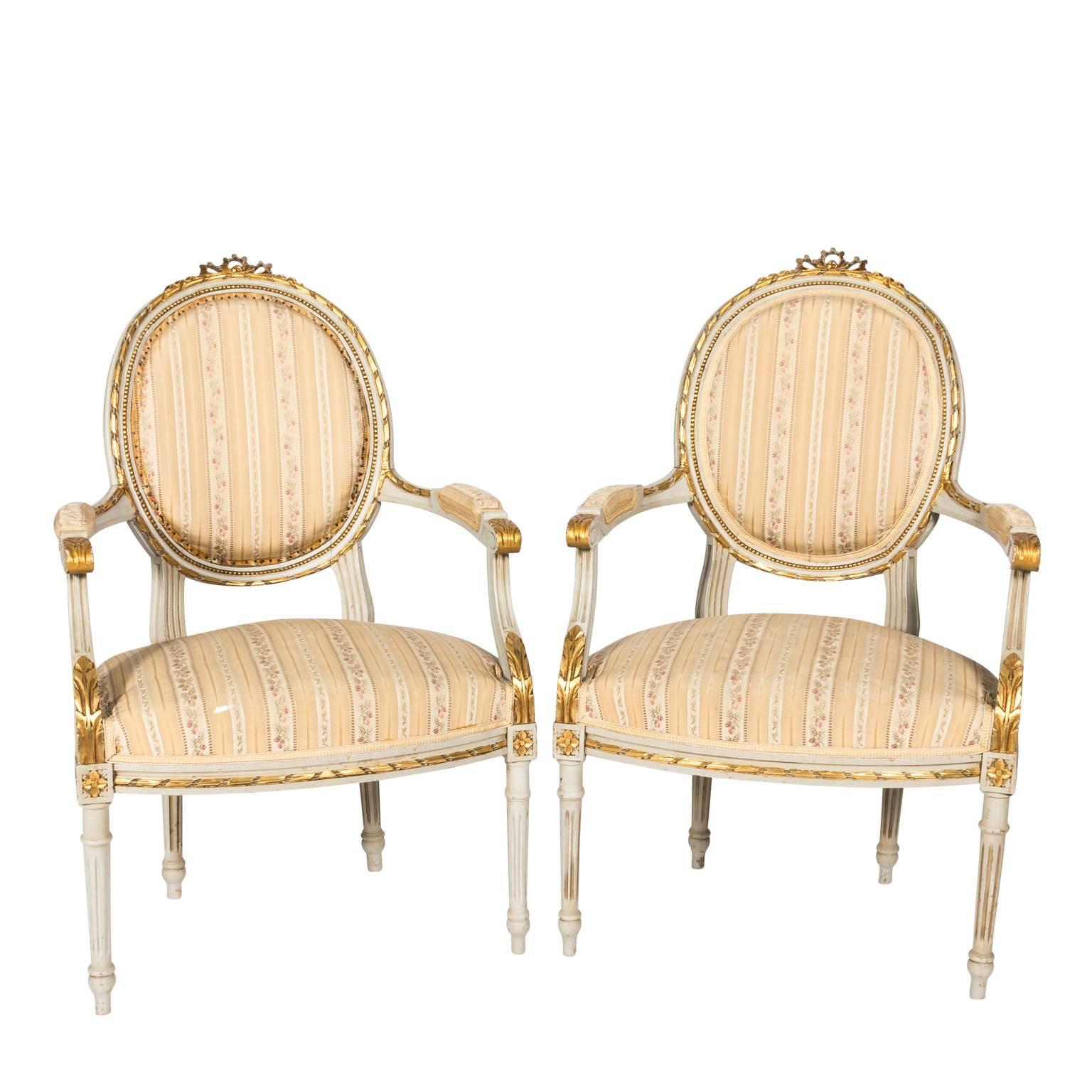 Pair of White Painted Louis XVI Style Armchairs