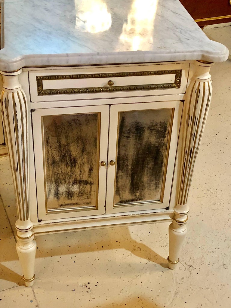 Pair White Painted MarbleTop End Tables Distressed Mirrored