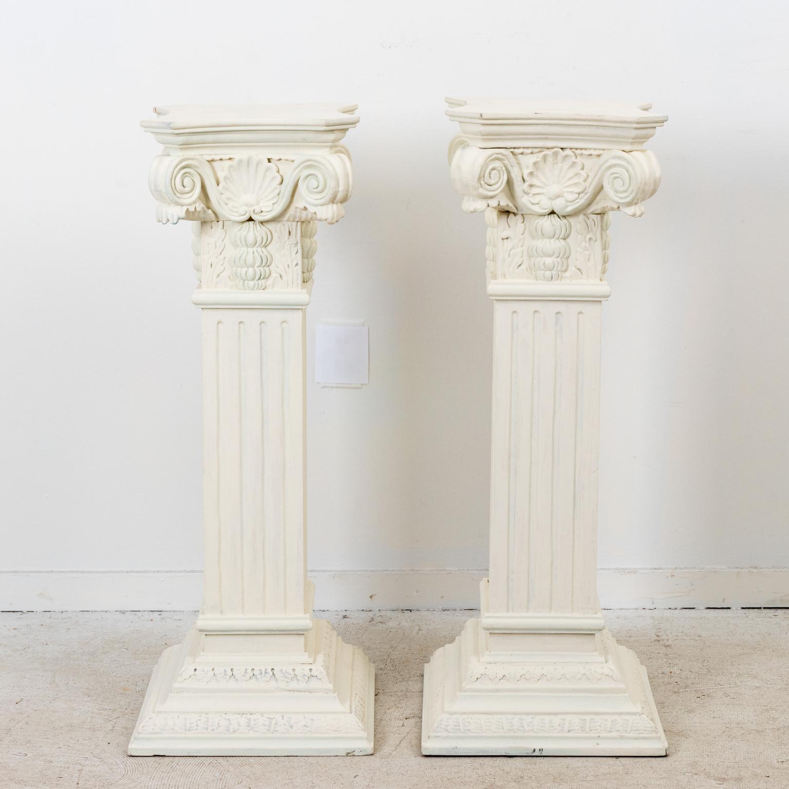 Pair of White Painted Neoclassical Carved Wooden Pedestals 3