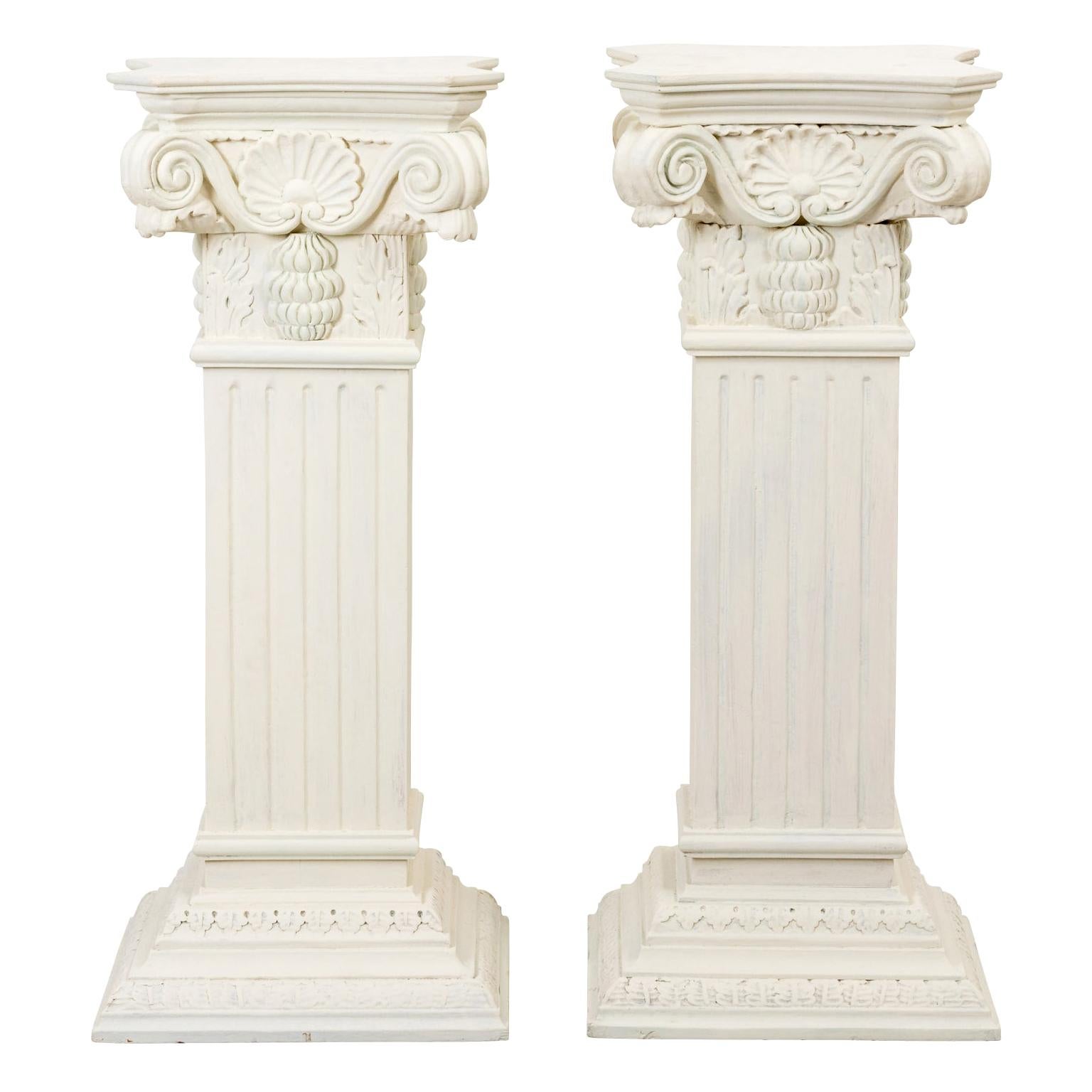 Pair of White Painted Neoclassical Carved Wooden Pedestals