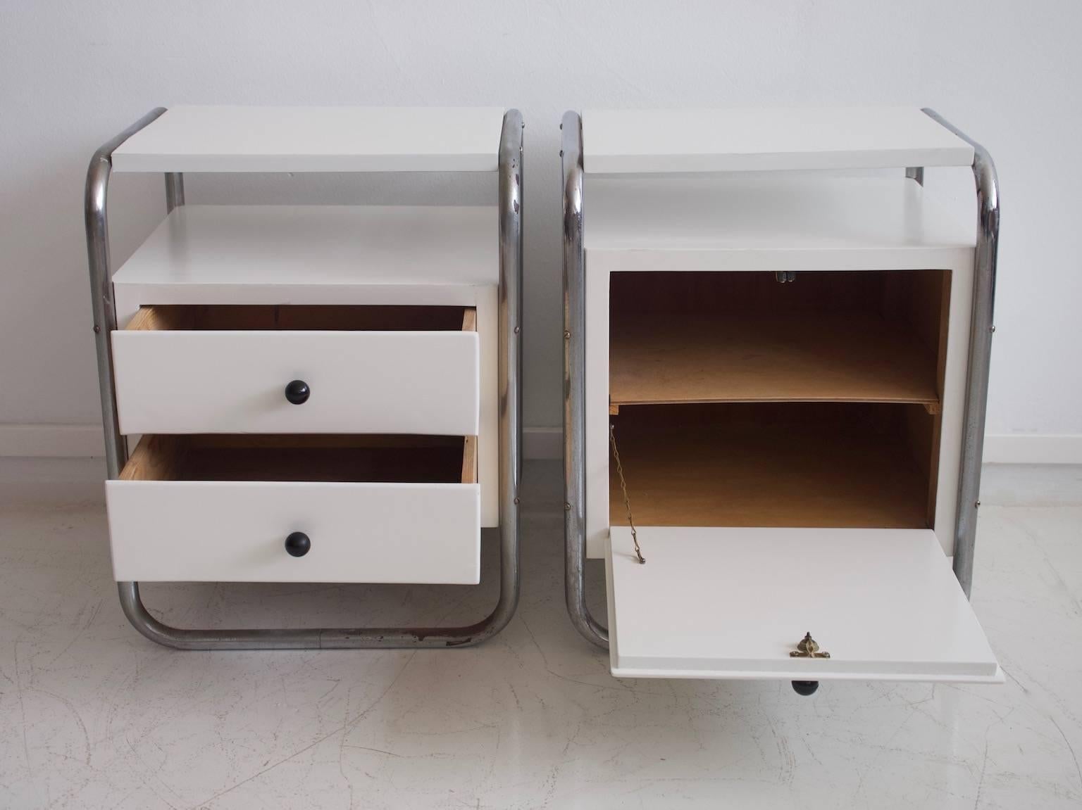 Danish Pair of White Painted Side Tables with Tubular Steel Frame