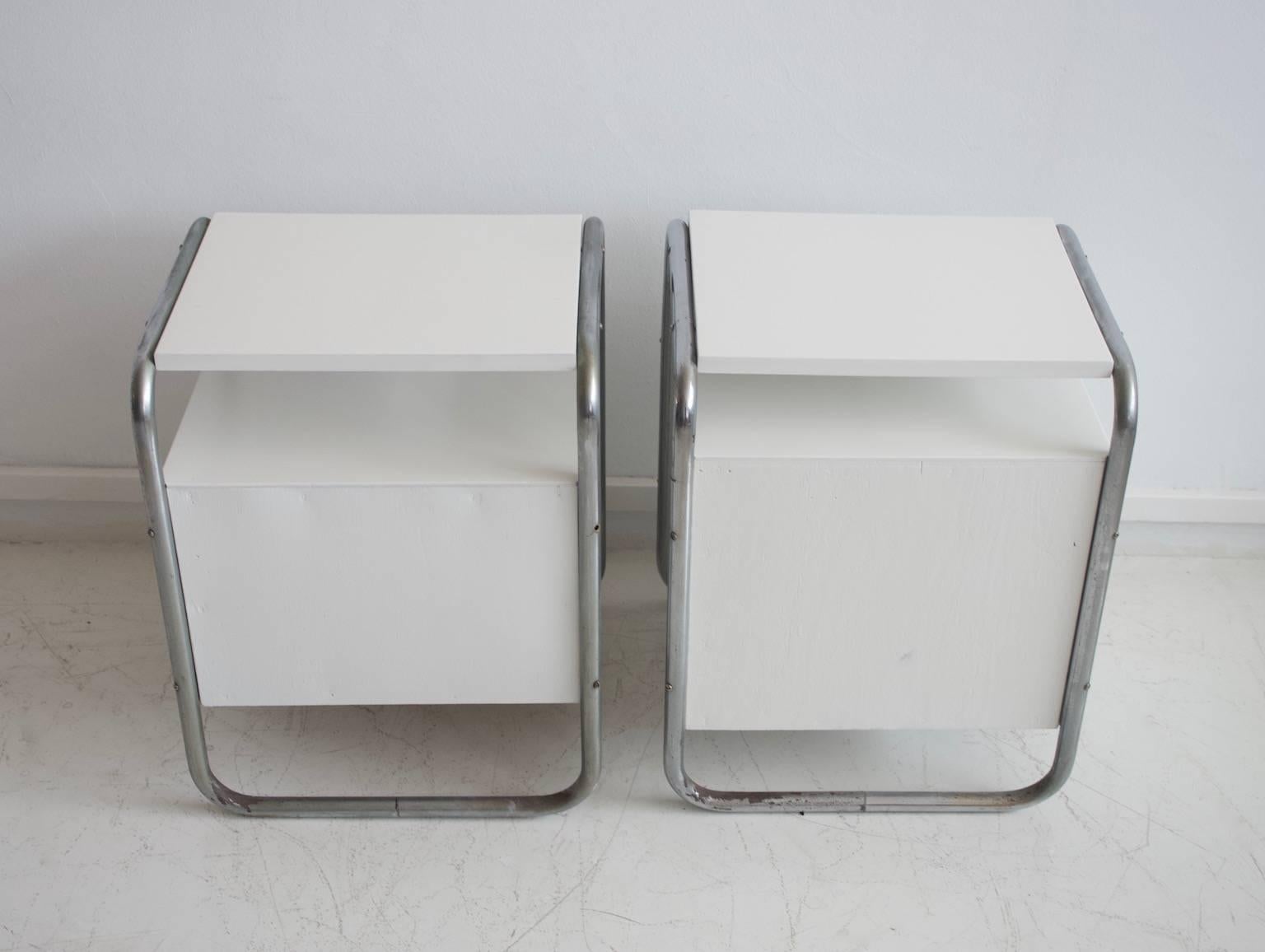 Chrome Pair of White Painted Side Tables with Tubular Steel Frame