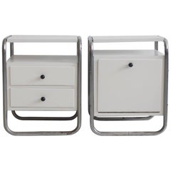 Vintage Pair of White Painted Side Tables with Tubular Steel Frame