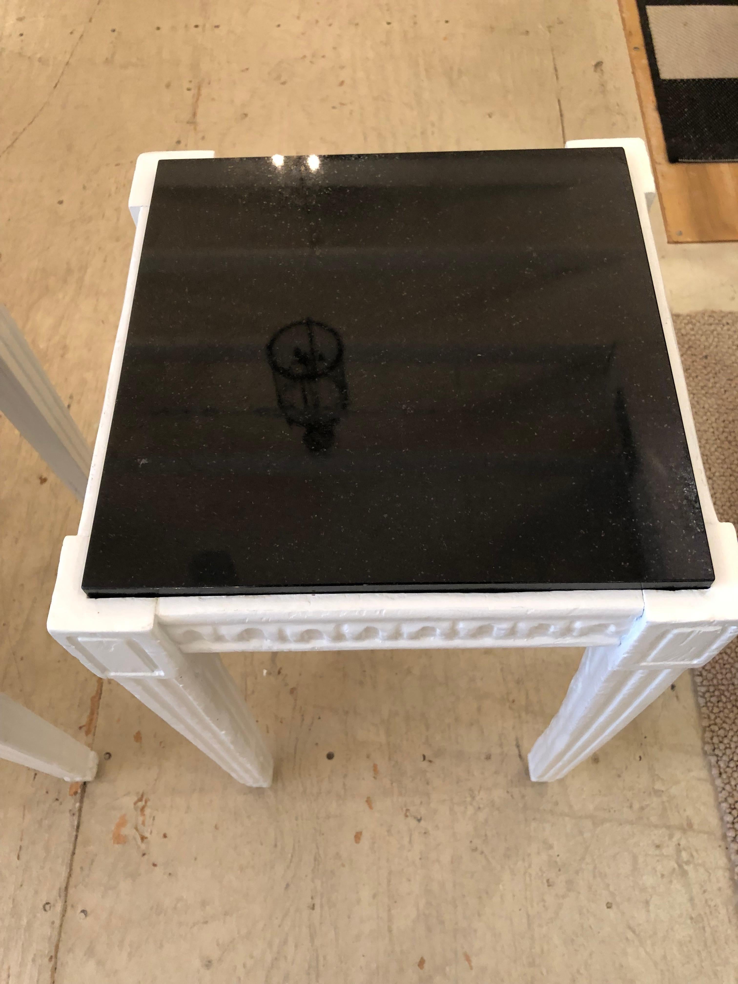 Pair of White Painted Square Vintage Side Tables with Sleek Black Marble Tops In Good Condition For Sale In Hopewell, NJ