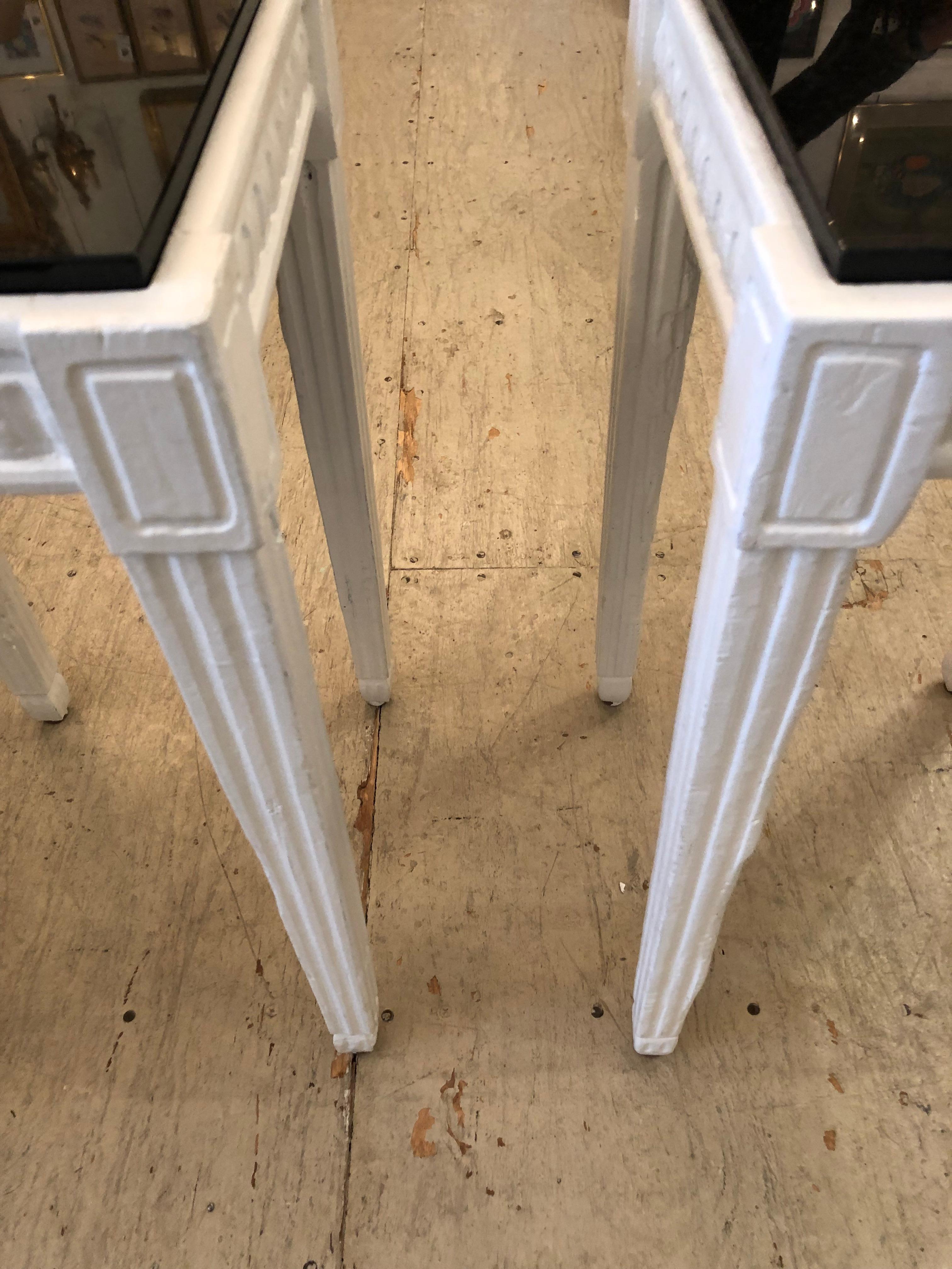 Pair of White Painted Square Vintage Side Tables with Sleek Black Marble Tops For Sale 1
