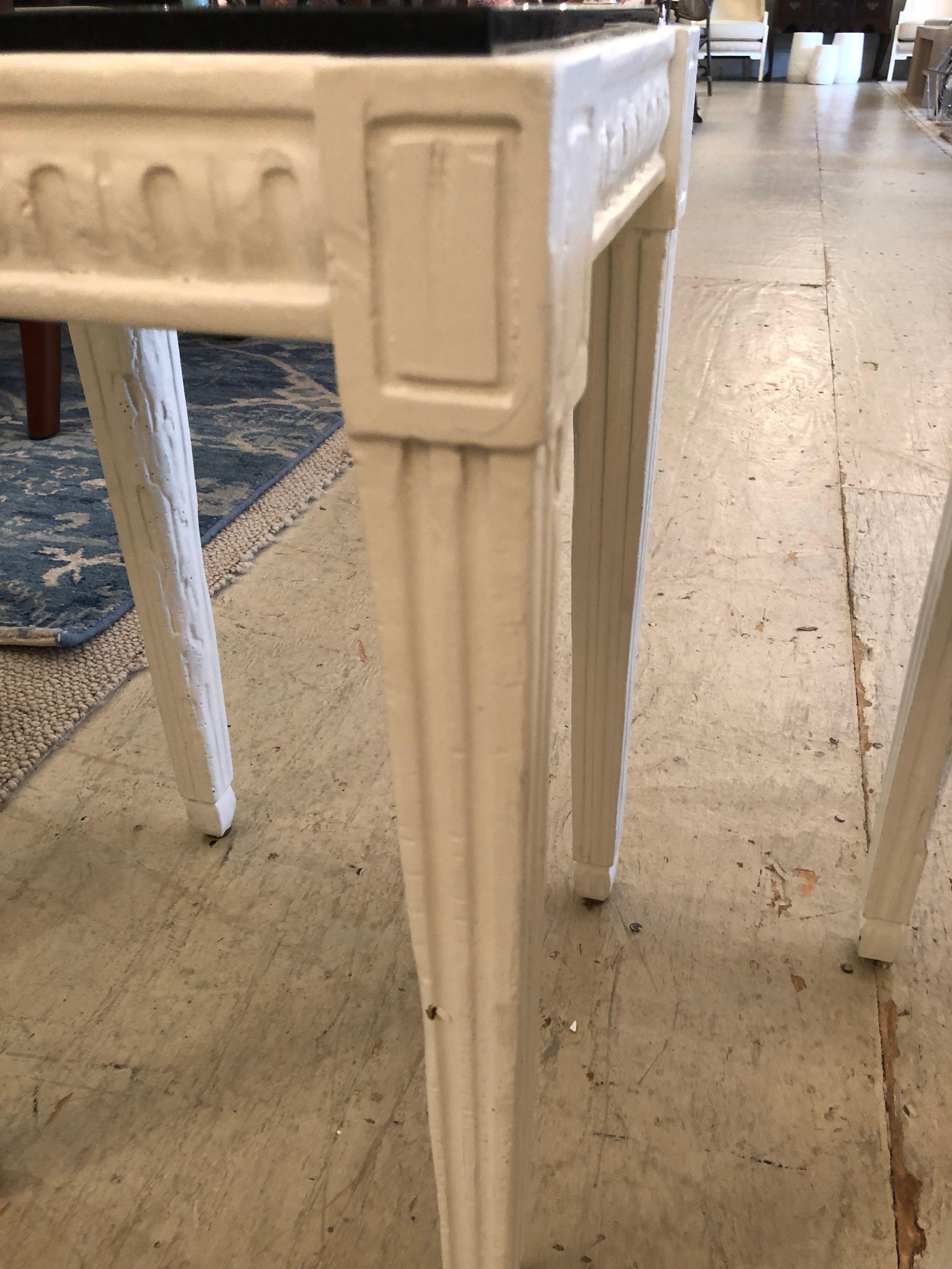 Pair of White Painted Square Vintage Side Tables with Sleek Black Marble Tops For Sale 3