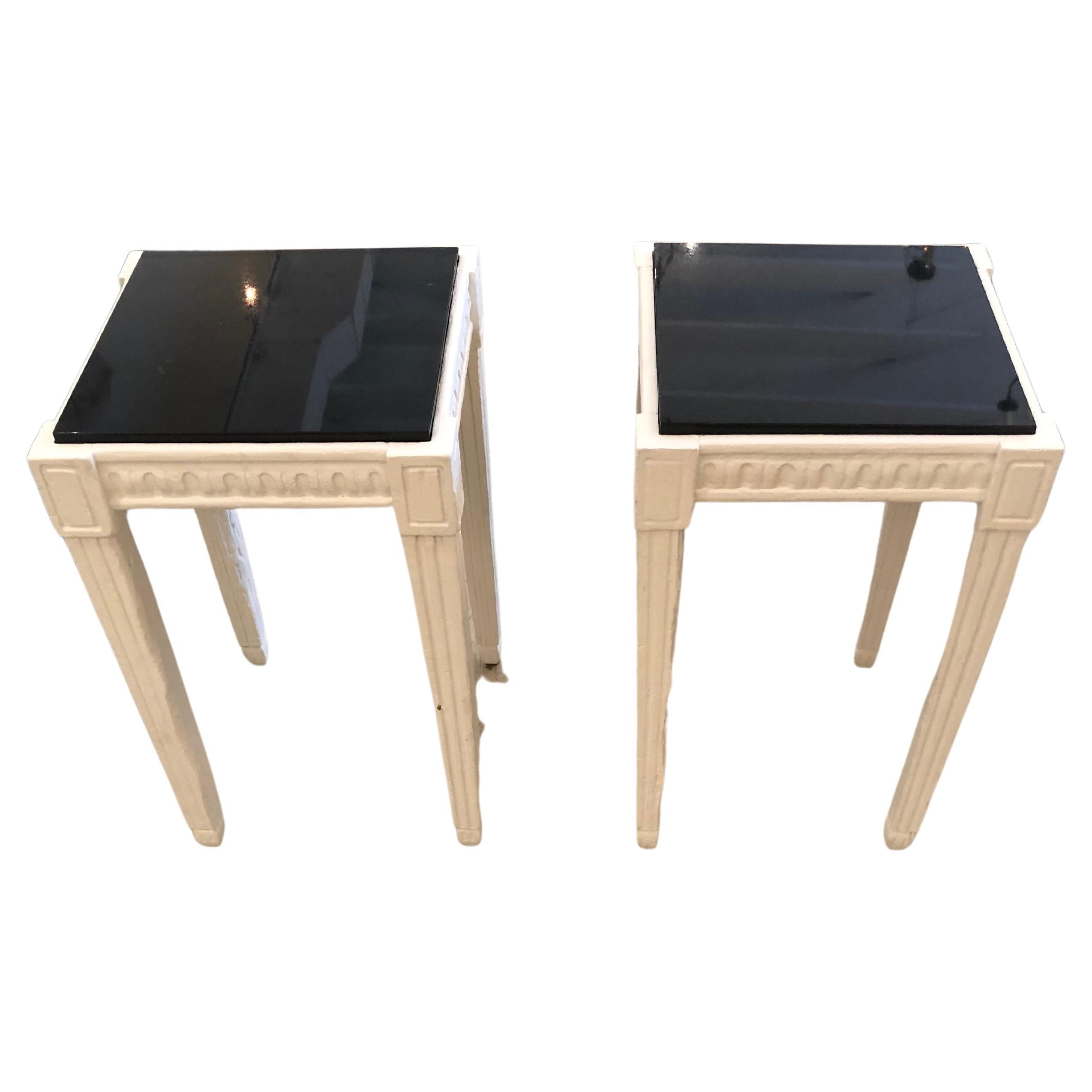 Pair of White Painted Square Vintage Side Tables with Sleek Black Marble Tops For Sale