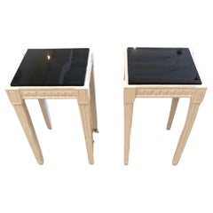 Pair of White Painted Square Vintage Side Tables with Sleek Black Marble Tops