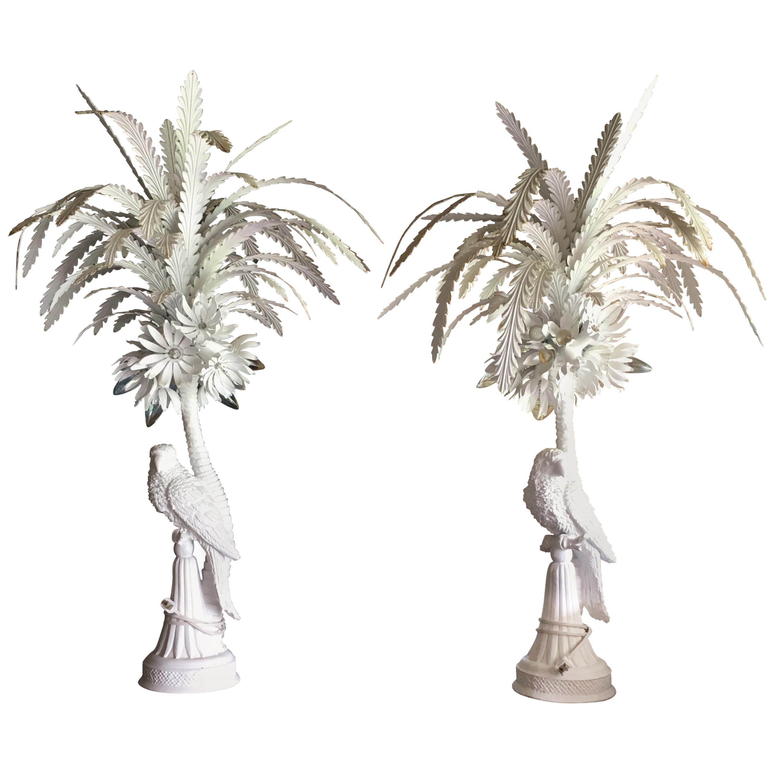 Pair of White Painted Tole and Plaster Parrot Lamps, Midcentury