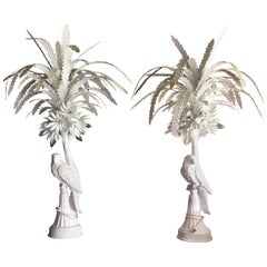 Pair of White Painted Tole and Plaster Parrot Lamps, Midcentury