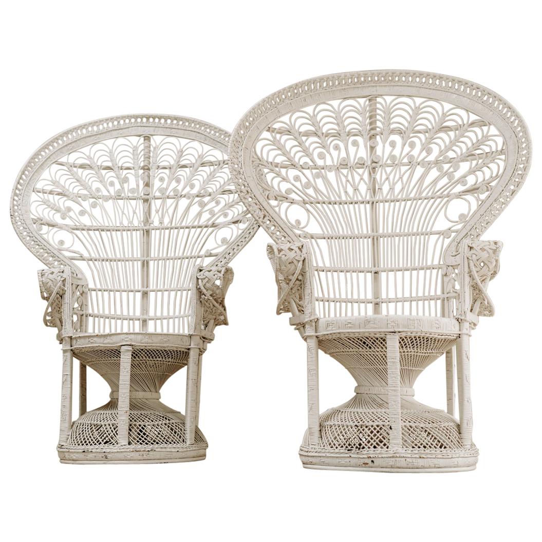 Pair of White Painted Wicker Peacock "Emanuelle" Chairs