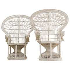 Retro Pair of White Painted Wicker Peacock "Emanuelle" Chairs