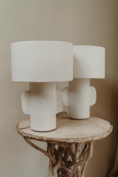Pair of White Papier Maché Table Lamps, Roundshaped Lampshade
