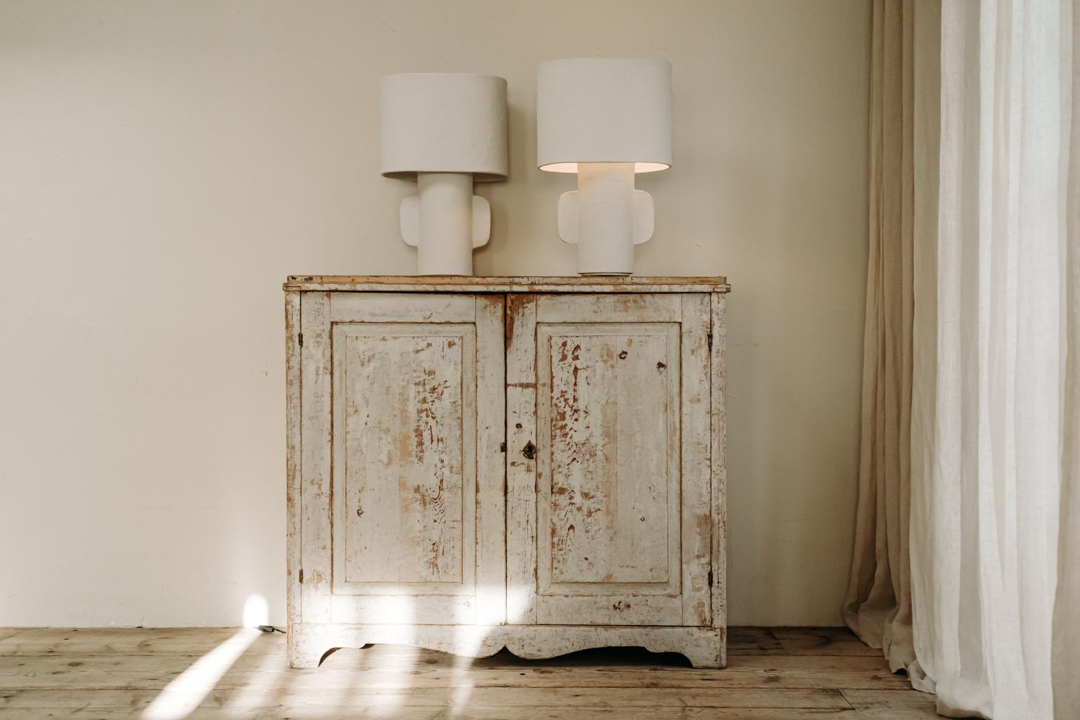 Pair of White Papier Mâché Table Lamps with ovalshaped lampshade  2