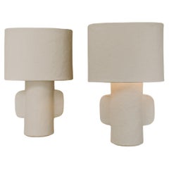 Pair of White Papier Mâché Table Lamps with Ovalshaped Lampshade 