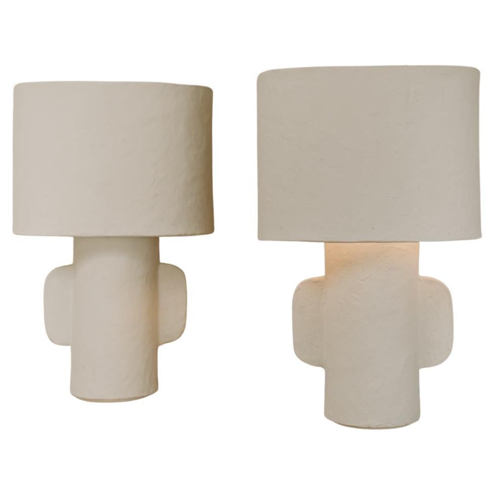 Pair of White Papier Mâché Table Lamps with Ovalshaped Lampshade 