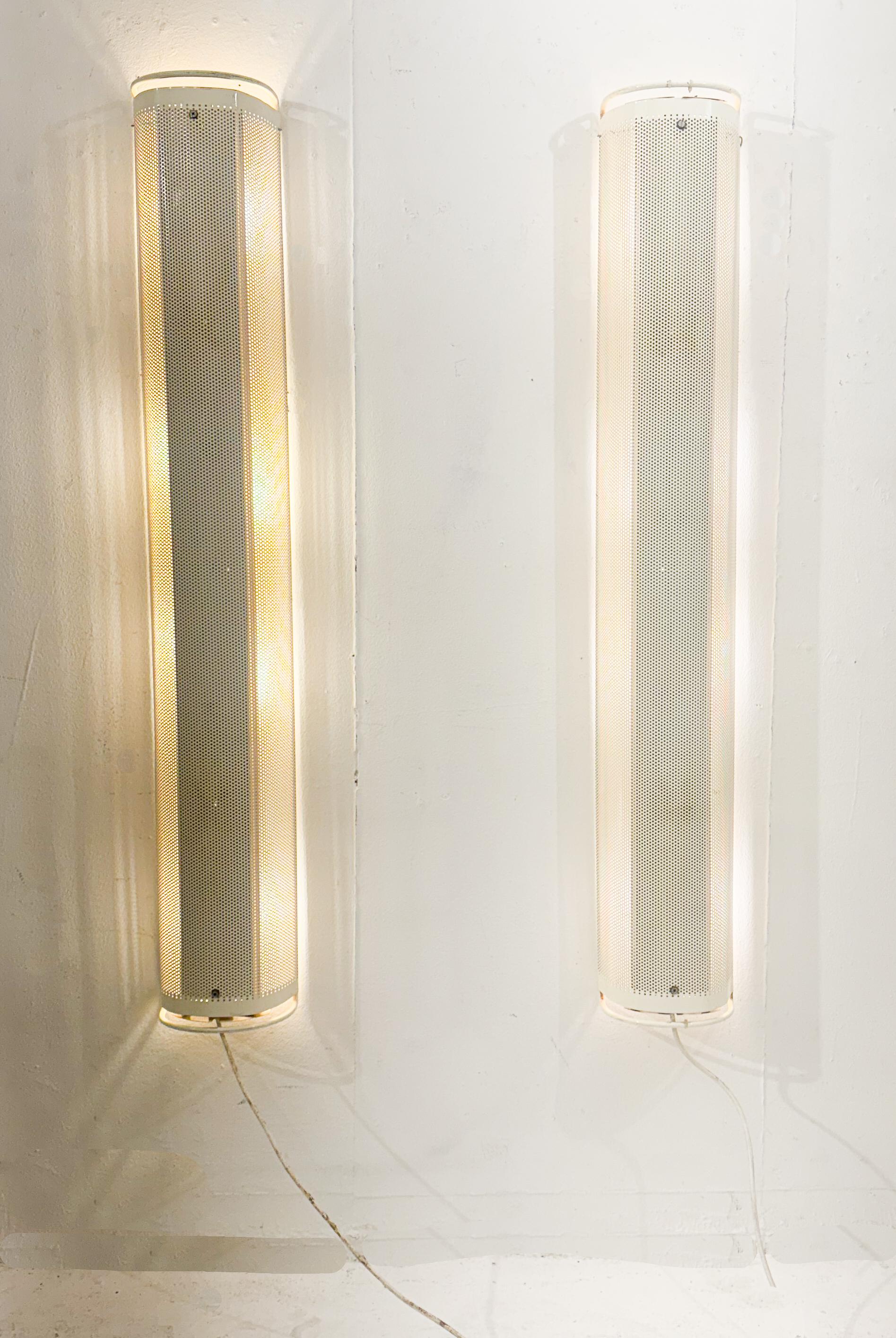 French Pair of white perforated metal wall lights, 1980, France For Sale