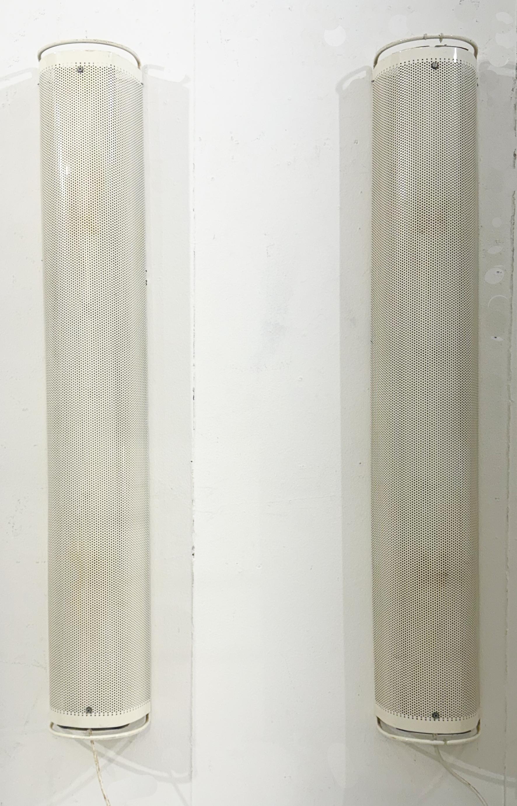 Pair of white perforated metal wall lights, 1980, France In Good Condition For Sale In Brussels, BE