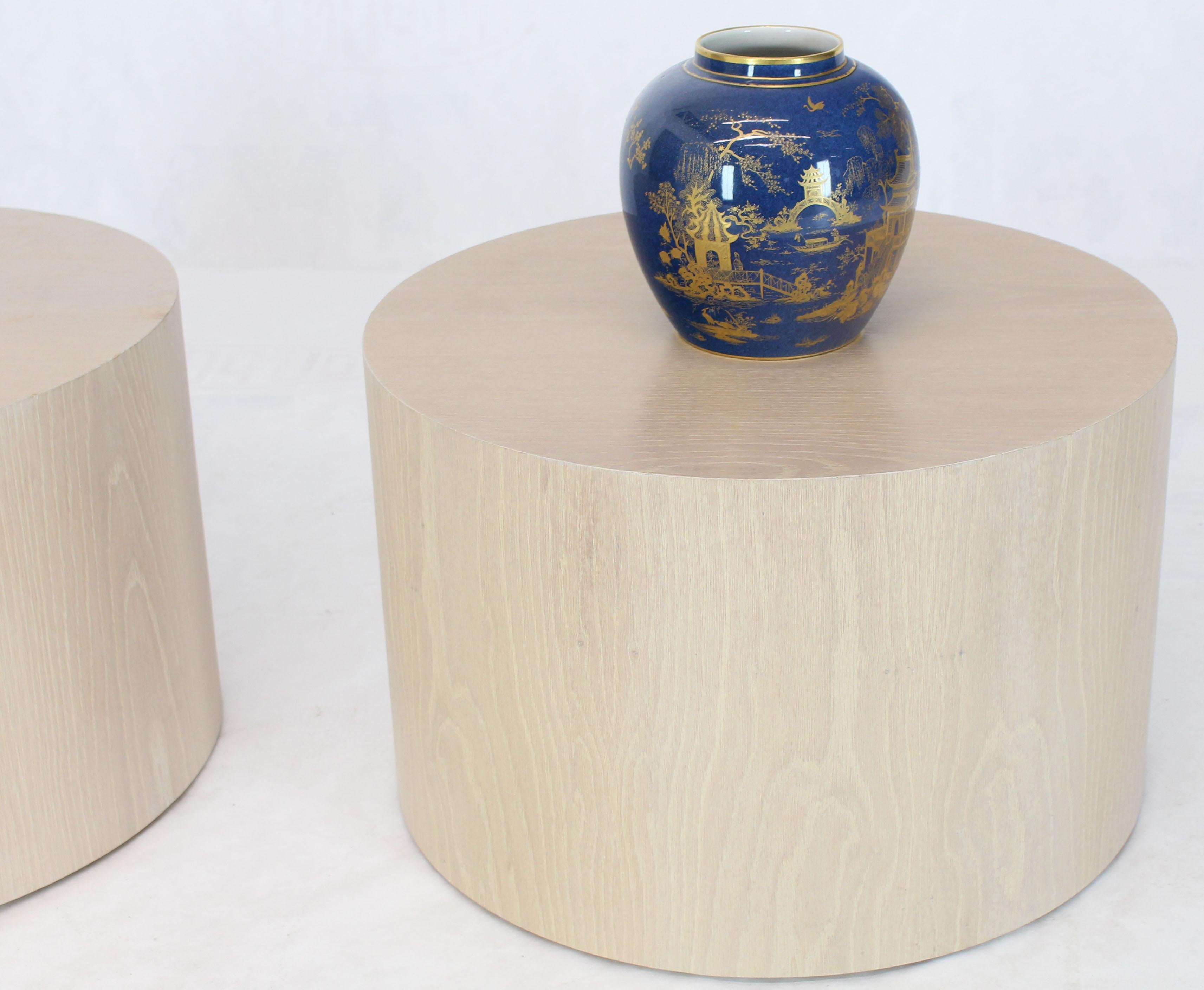 Lacquered Pair of White Pickled Cerused Oak Round Drum Side Tables atr. Paul Mayen Habitat