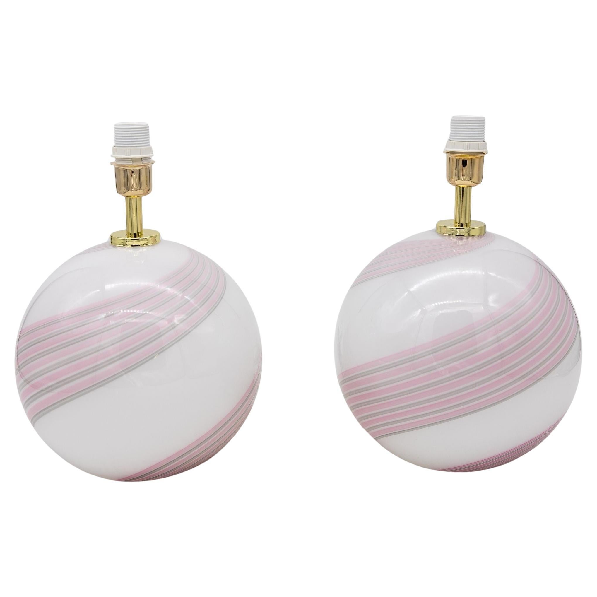 Pair of White, Pink, and Gray Swirl Murano Glass Lamps, Italy 2010s For Sale