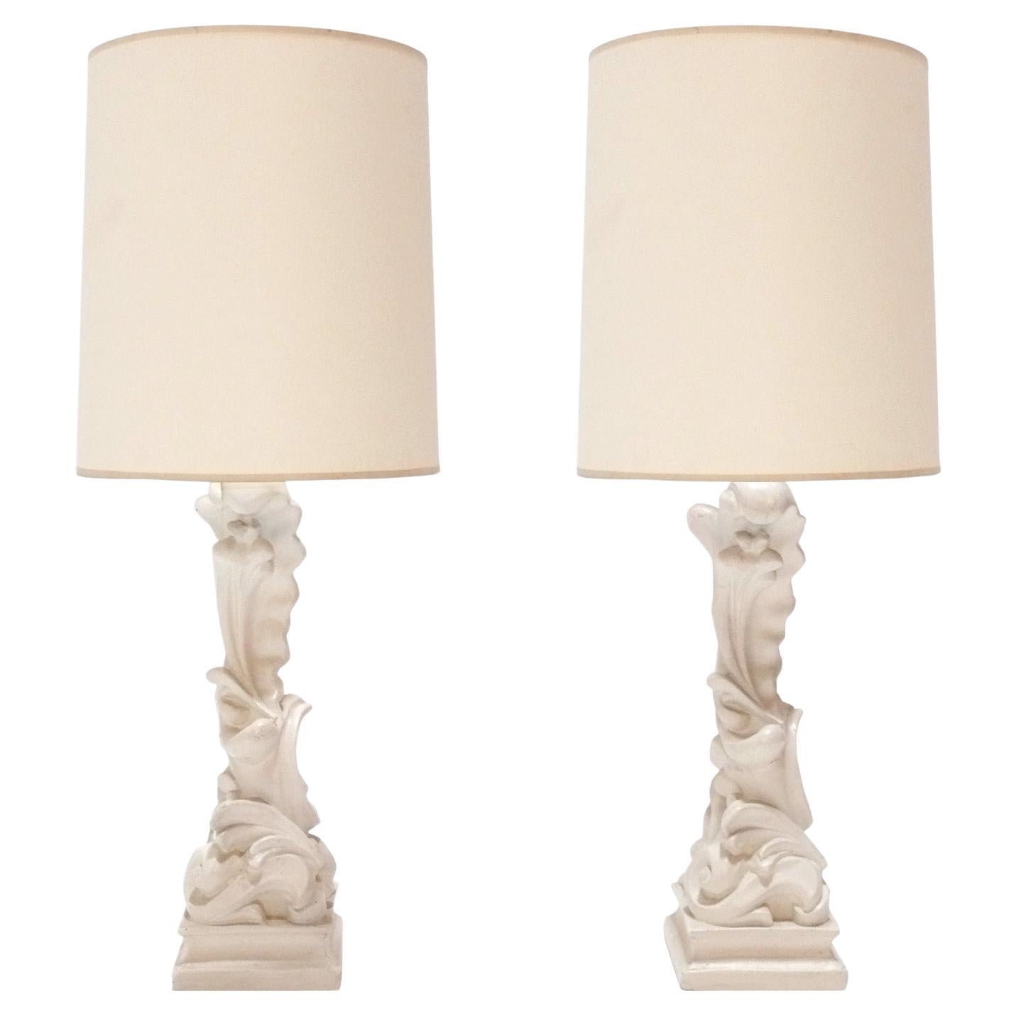 Pair of White Plaster Lamps in the Manner of Serge Roche For Sale
