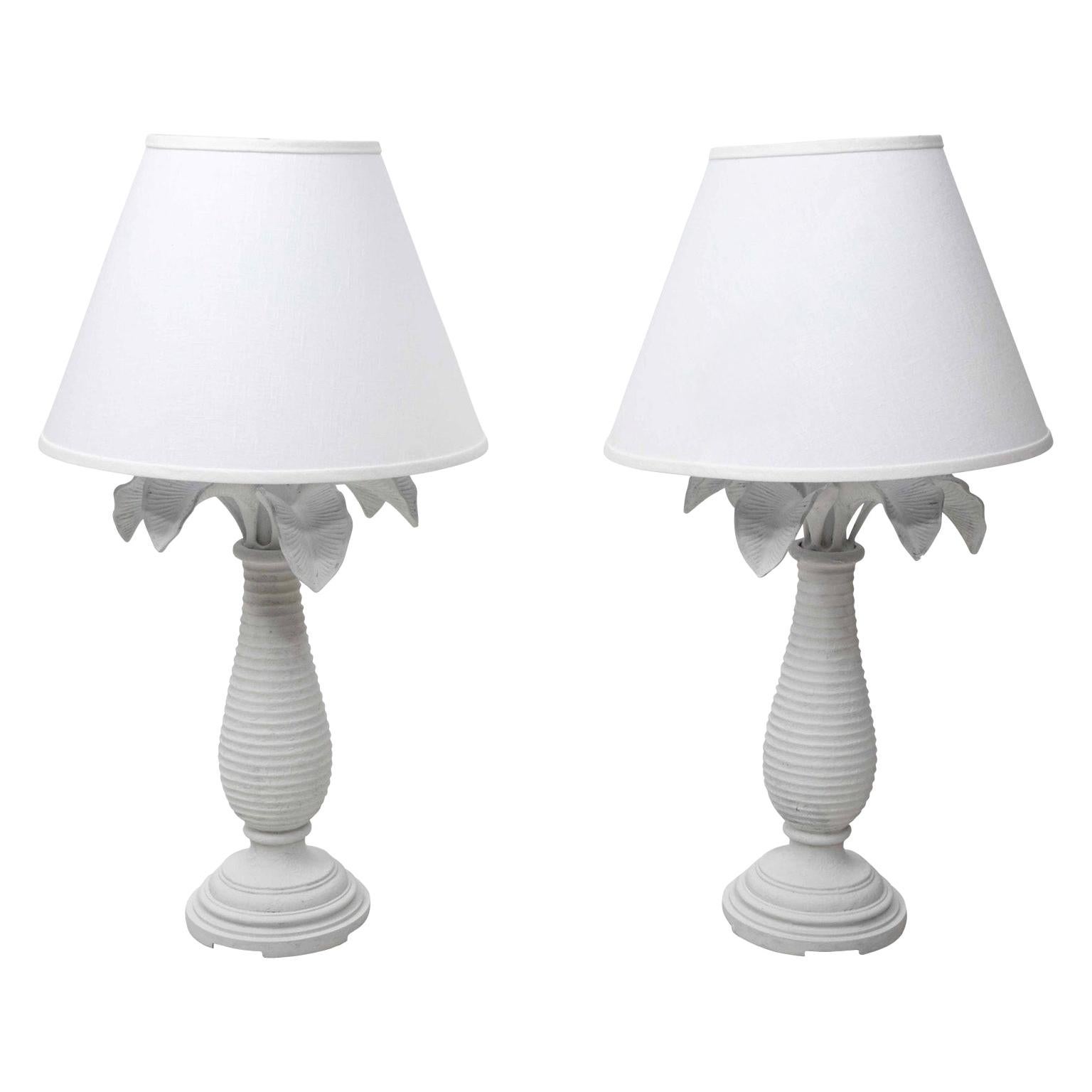Pair of White Plaster Palm Table Lamps