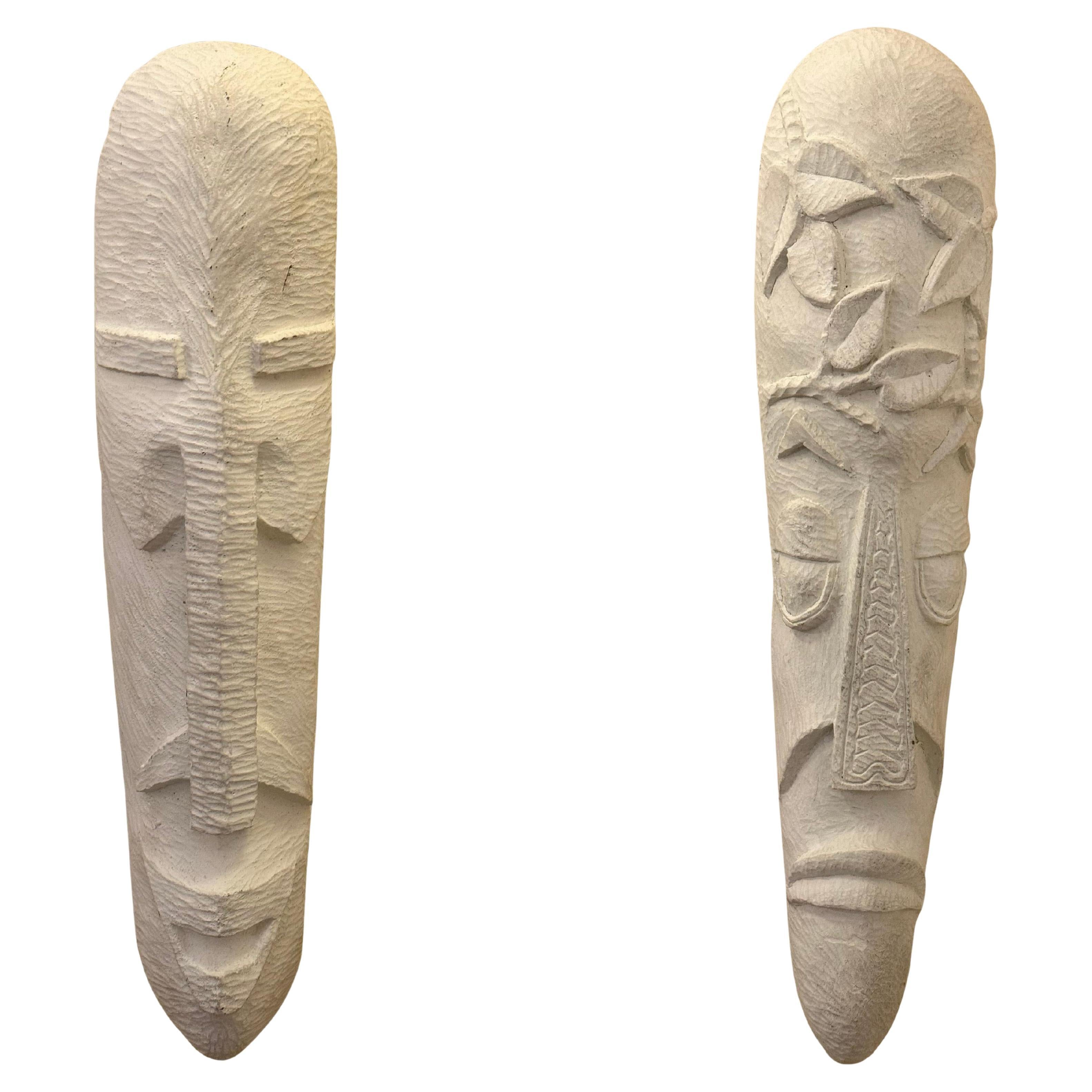 Pair of White Plaster Textured Wall Mexican Masks For Sale