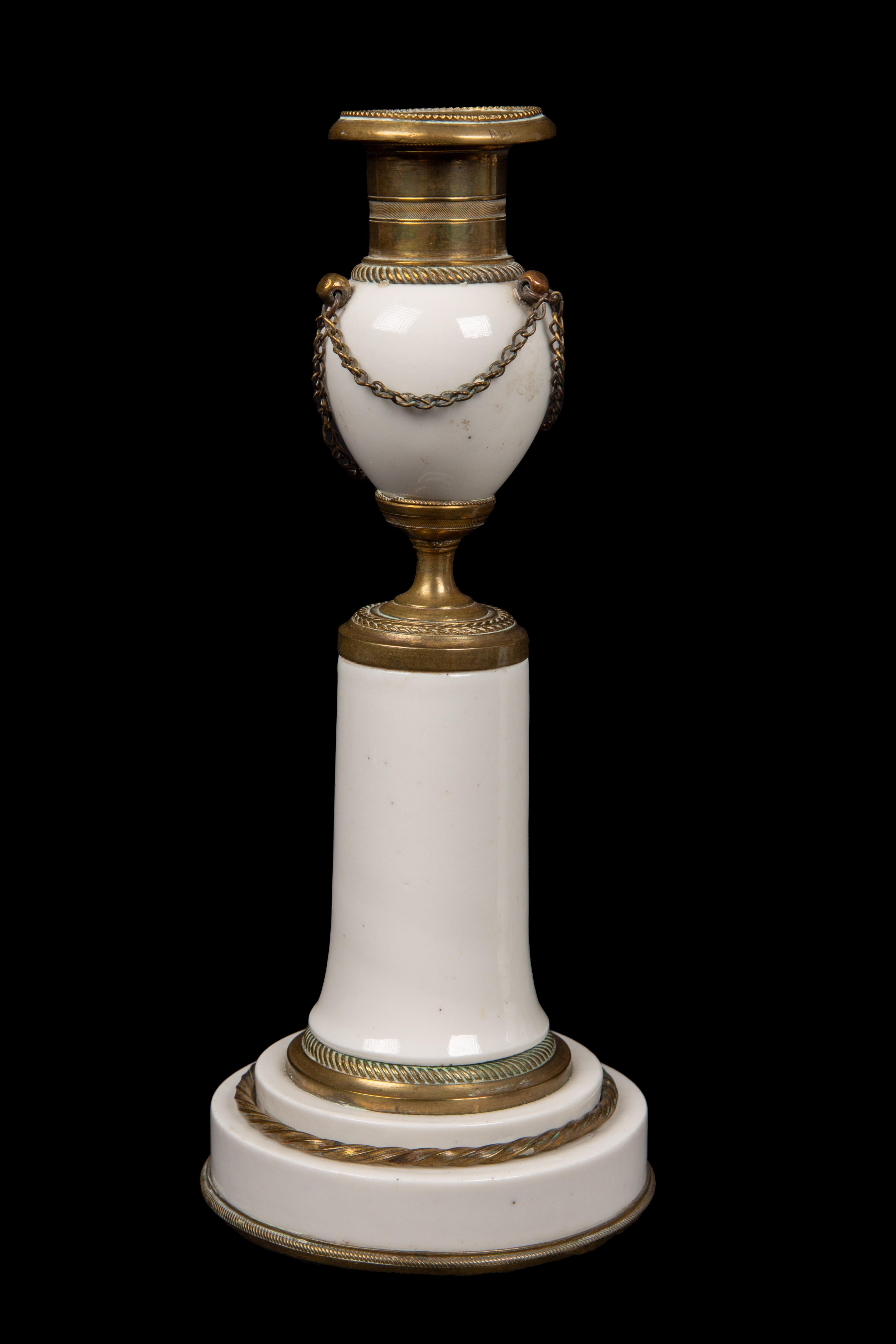 18th Century Pair of White Porcelain and Bronze Candlesticks, From Late Louis XVI Period For Sale