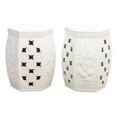 Pair of White Porcelain Chinese Chippendale Garden Stools