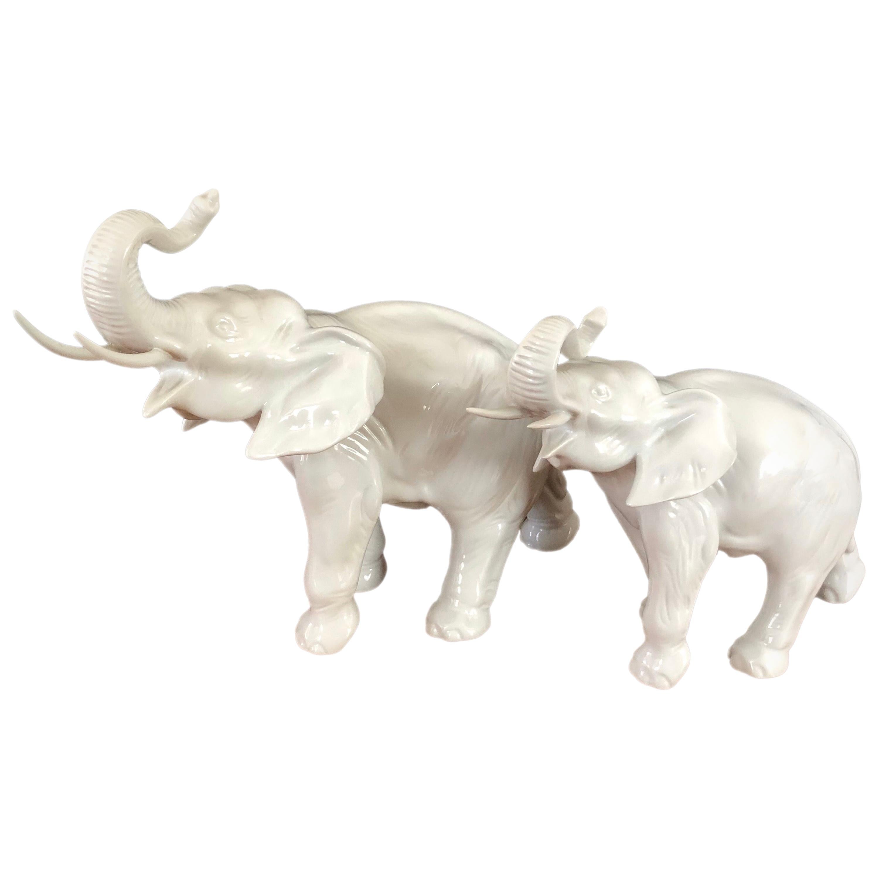 Pair of White Porcelain Elephant Sculptures by Royal Dux