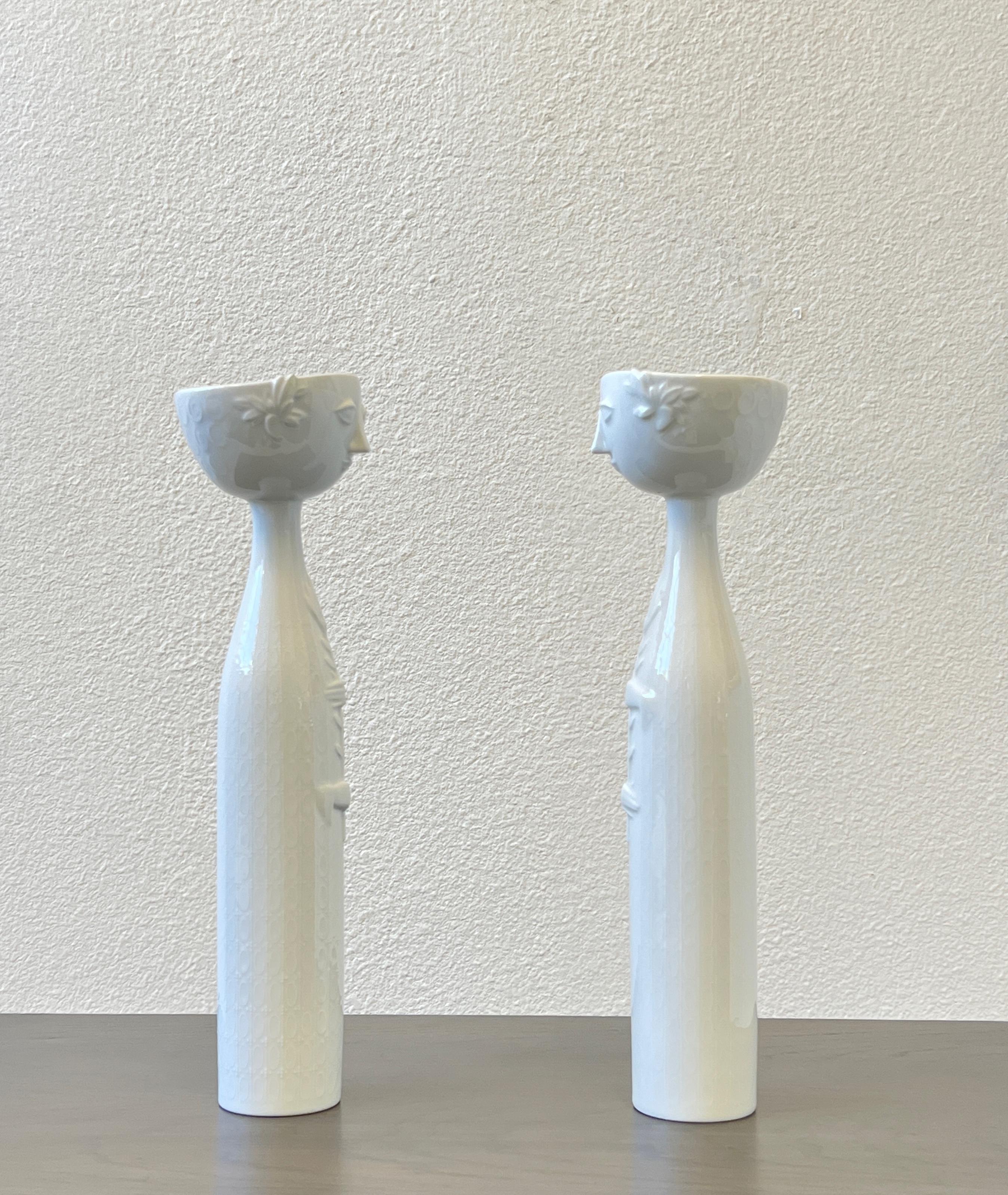 Mid-Century Modern Pair of White Porcelain Eva Candle Holders by Bijorn Wiinblad for Rosenthal 