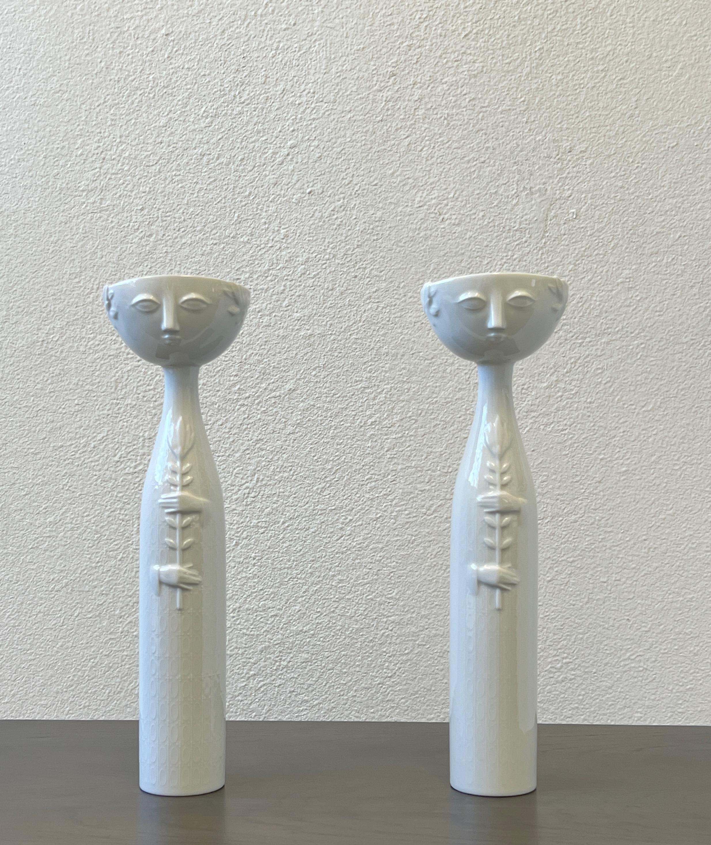 German Pair of White Porcelain Eva Candle Holders by Bijorn Wiinblad for Rosenthal 