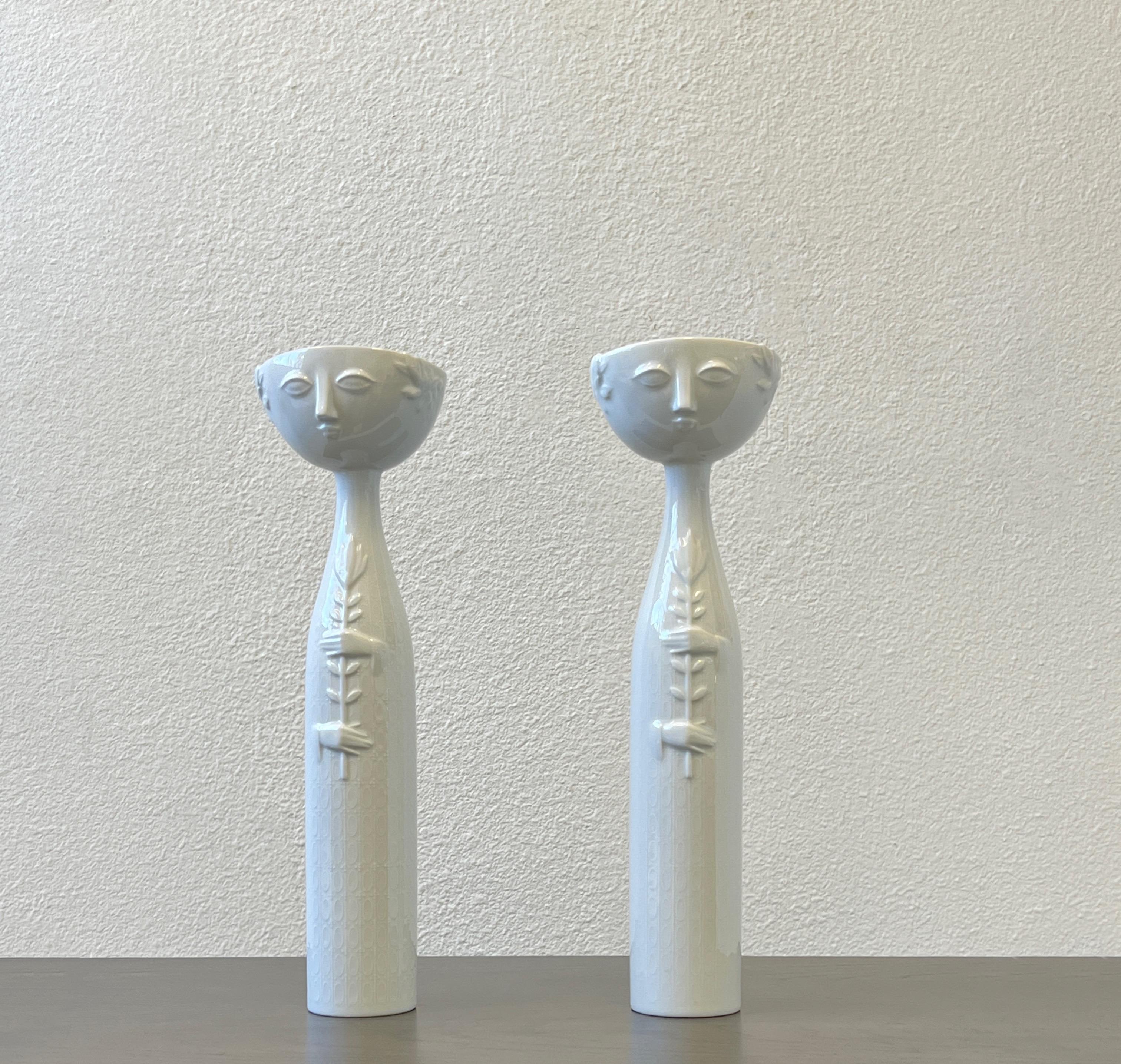 Late 20th Century Pair of White Porcelain Eva Candle Holders by Bijorn Wiinblad for Rosenthal 