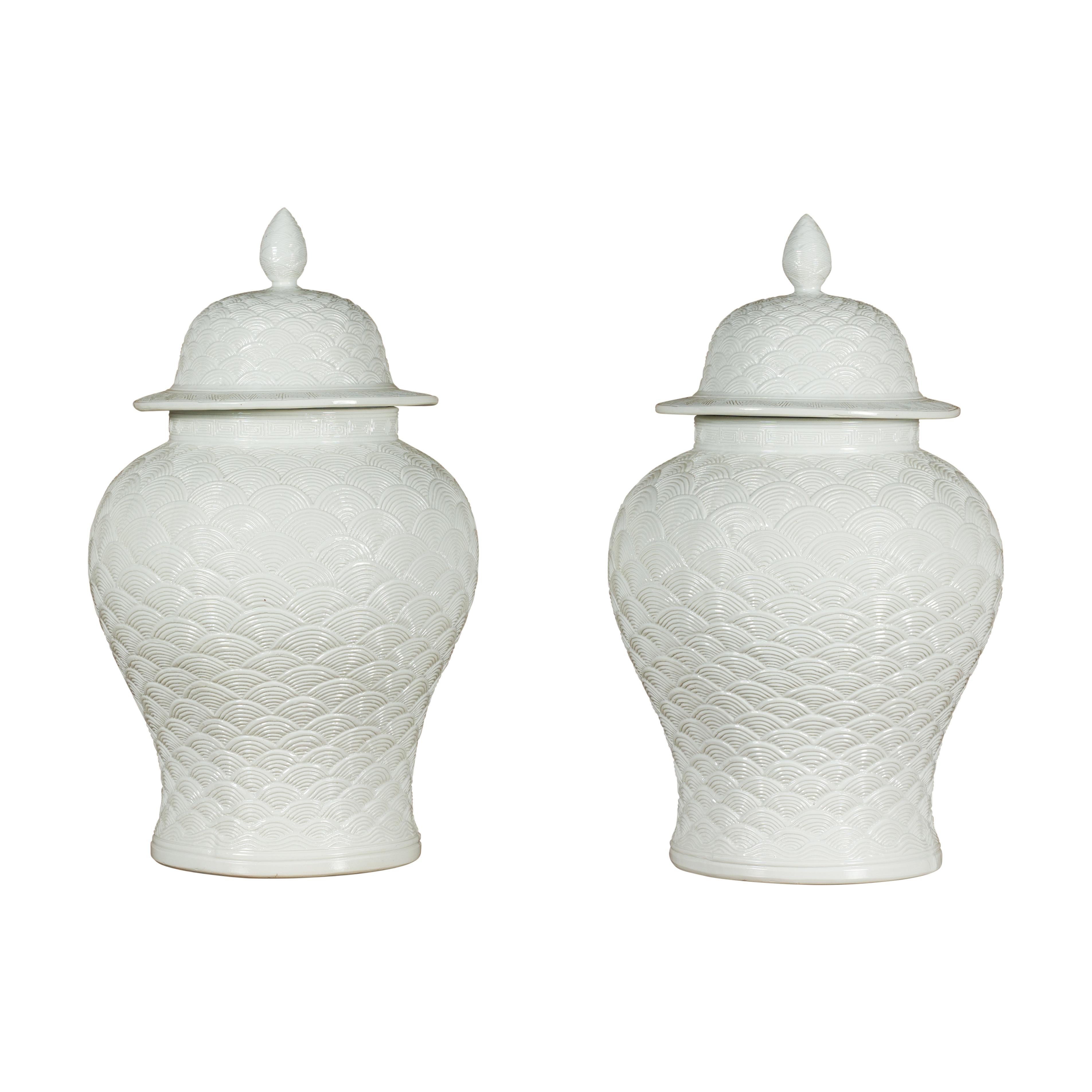 Pair of White Porcelain Fish Scale Lidded Jars with Petite Finials For Sale 10