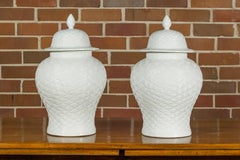 Pair of White Porcelain Fish Scale Lidded Jars with Petite Finials